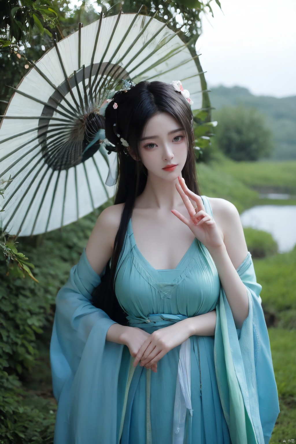 1girl,Oil-paper umbrella,(green hanfu),hair flower,holding umbrella,(big breasts:1.39),