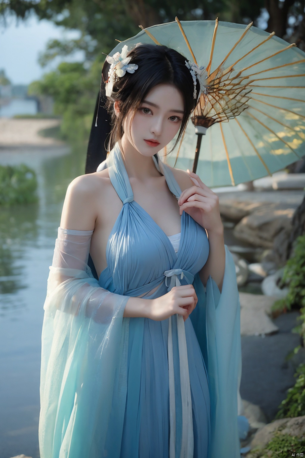 1girl,Oil-paper umbrella,(yellow hanfu),hair flower,holding umbrella,(big breasts:1.39),