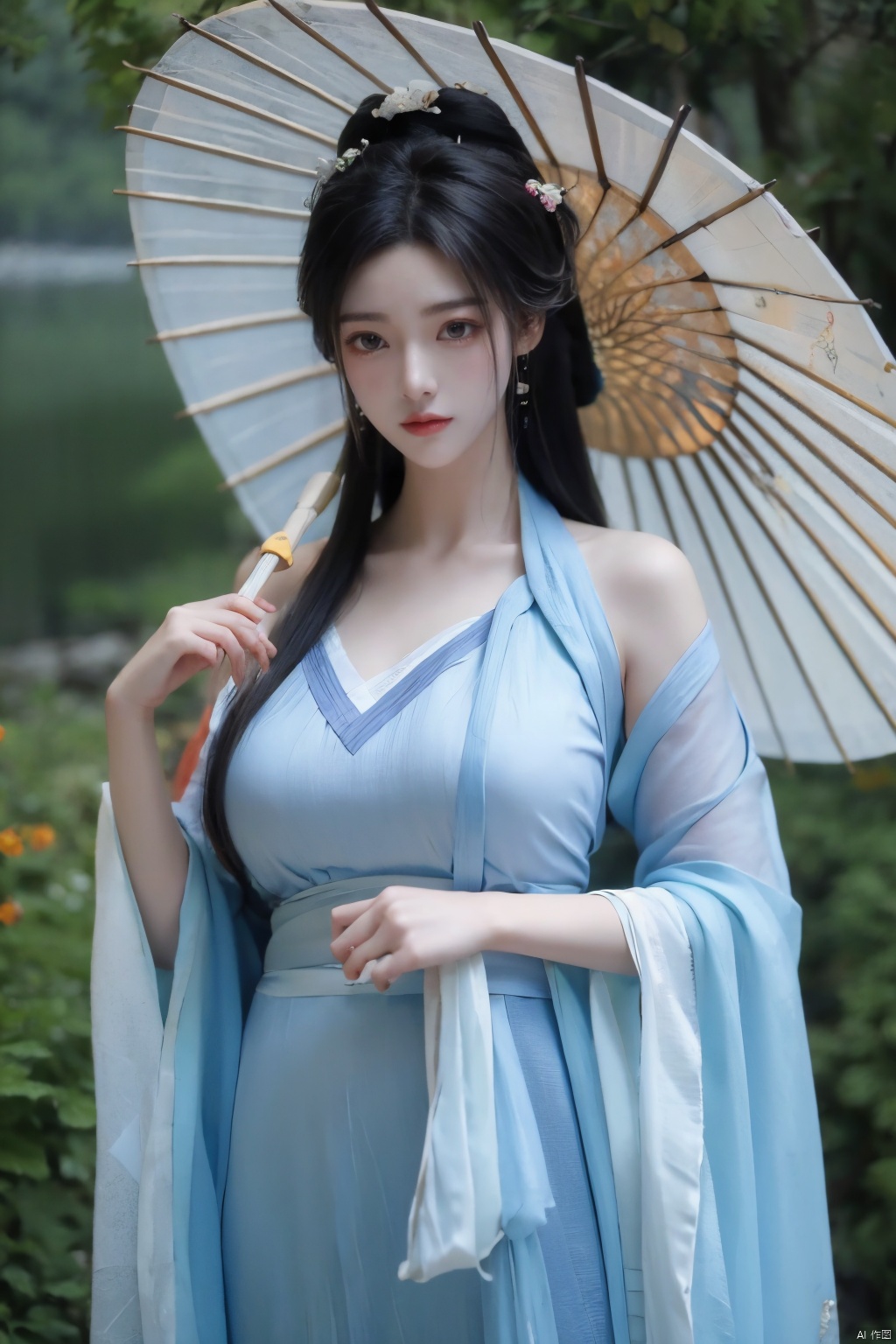 1girl,Oil-paper umbrella,(orange hanfu),hair flower,holding umbrella,(big breasts:1.39),