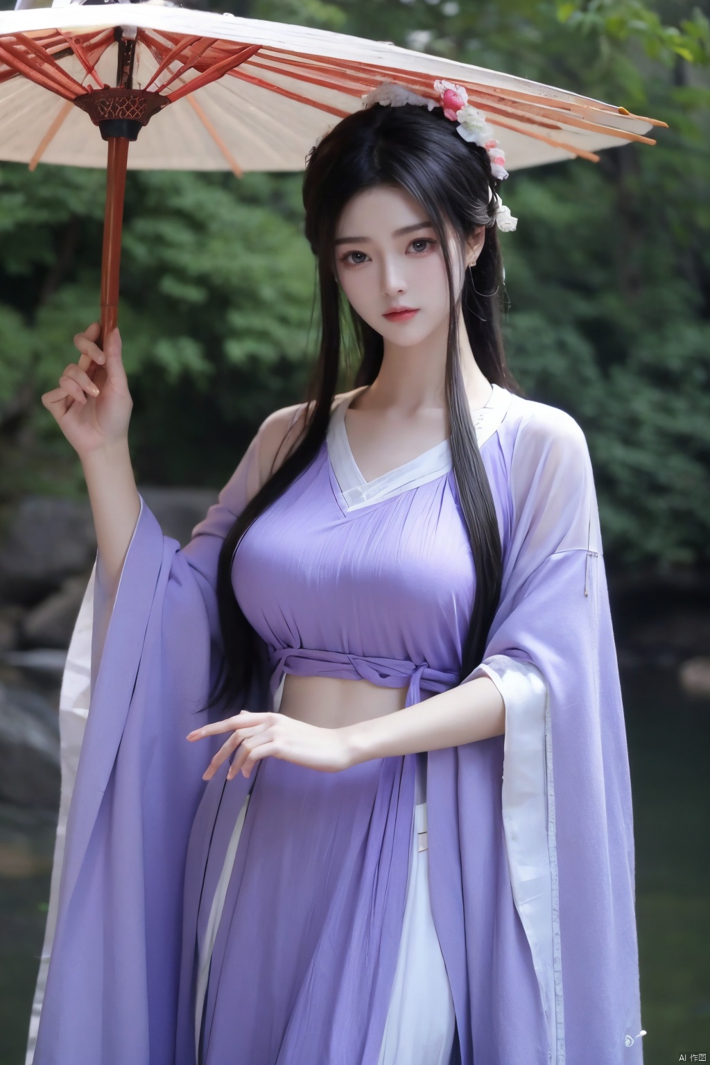 1girl,Oil-paper umbrella,(purple hanfu),hair flower,holding umbrella,(big breasts:1.39),