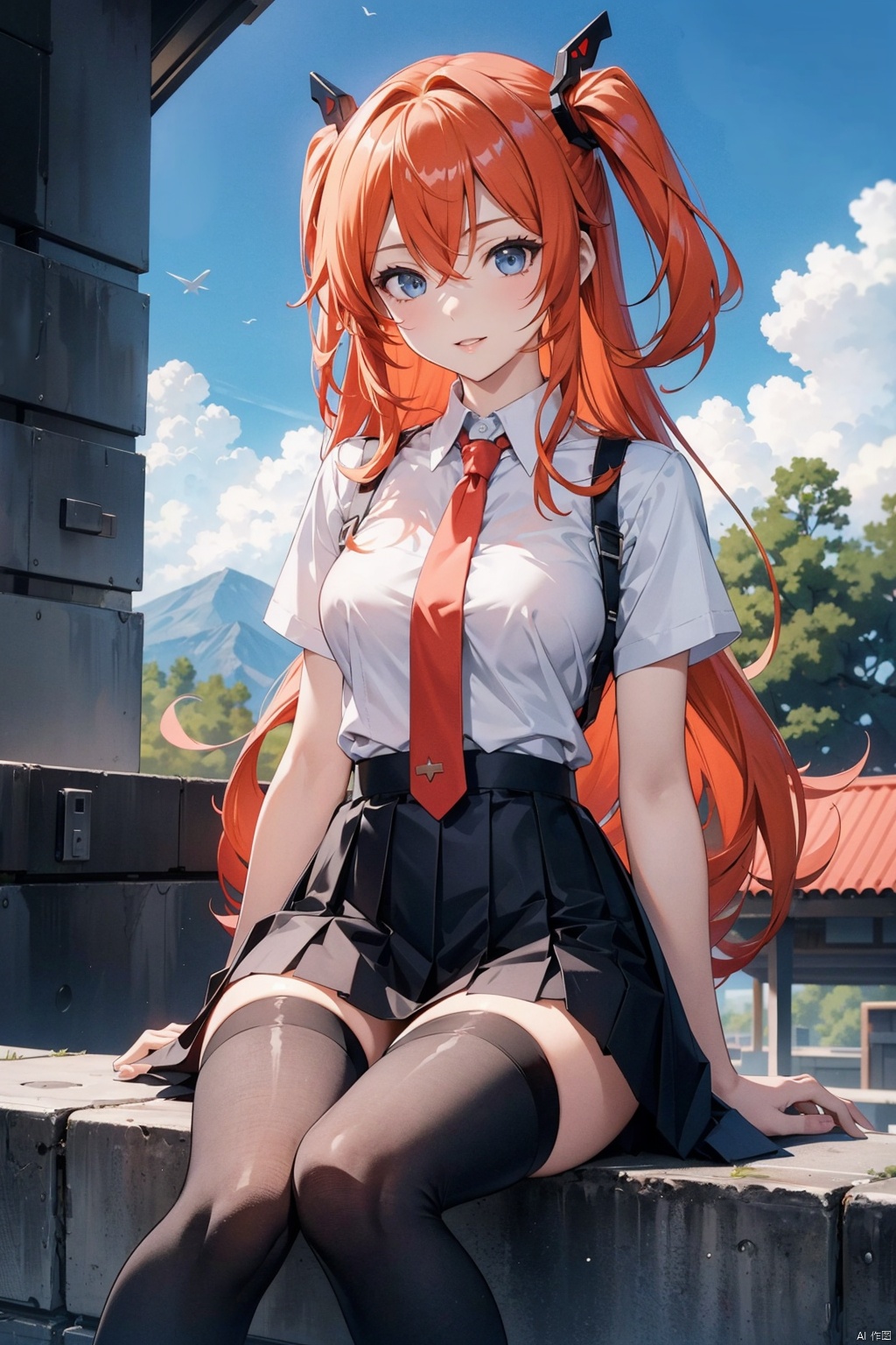  , 1girl, souryuu asuka langley, solo, thighhighs, blue eyes, long hair, skirt, orange hair, necktie, shirt, sitting, looking at viewer, white shirt, breasts, black thighhighs, black skirt, short sleeves, bangs, red necktie, hair between eyes, sky, miniskirt, collared shirt, zettai ryouiki, day, smile, parted lips, blue sky, thighs, pleated skirt, medium breasts, outdoors, headgear, two side up, mechanical arms