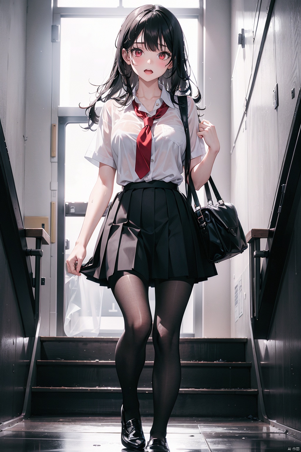 , 1girl, solo, pantyhose, long hair, black hair, skirt, wet, wet clothes, shirt, school uniform, black pantyhose, shoes, pleated skirt, red eyes, bag, black footwear, wet shirt, stairs, white shirt, short sleeves, black skirt, see-through, school bag, open mouth, bangs, loafers, lying, wet hair, breath, indoors, full body