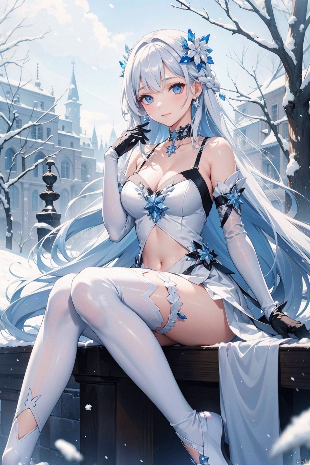  , 1girl, long hair, breasts, blue eyes, solo, dress, gloves, snowflakes, thighhighs, white dress, very long hair, tree, sitting, hair ornament, white gloves, cleavage, looking at viewer, bare tree, lantern, large breasts, jewelry, white thighhighs, absurdly long hair, bare shoulders, crystal, bangs, full body, flower, hair flower, ice, toeless legwear, branch, hand up, snow, closed mouth, white hair, detached sleeves, choker, smile, no shoes, elbow gloves, sleeveless, covered navel, feet, sleeveless dress, knee up, garter straps, collarbone, in tree, gem