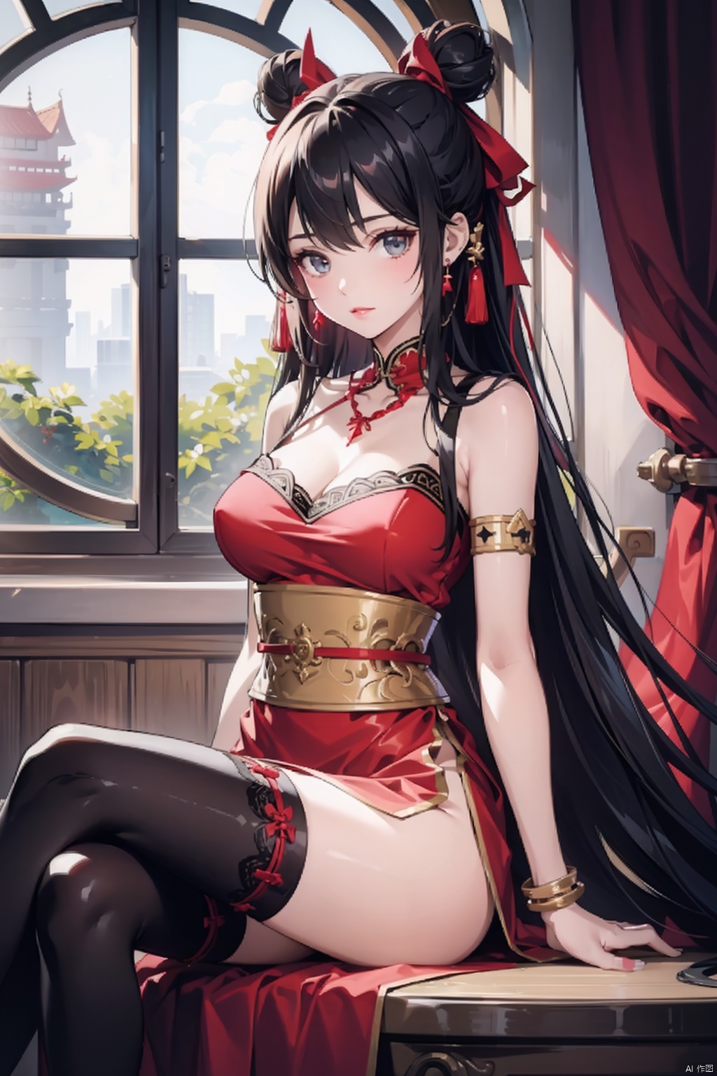 , 1girl, jewelry, dress, sitting, thighhighs, crossed legs, solo, earrings, red dress, long hair, necklace, bare shoulders, bracelet, hair bun, black hair, breasts, hair ornament, indoors, looking at viewer, window, black thighhighs, ribbon, sash, cleavage, chinese clothes