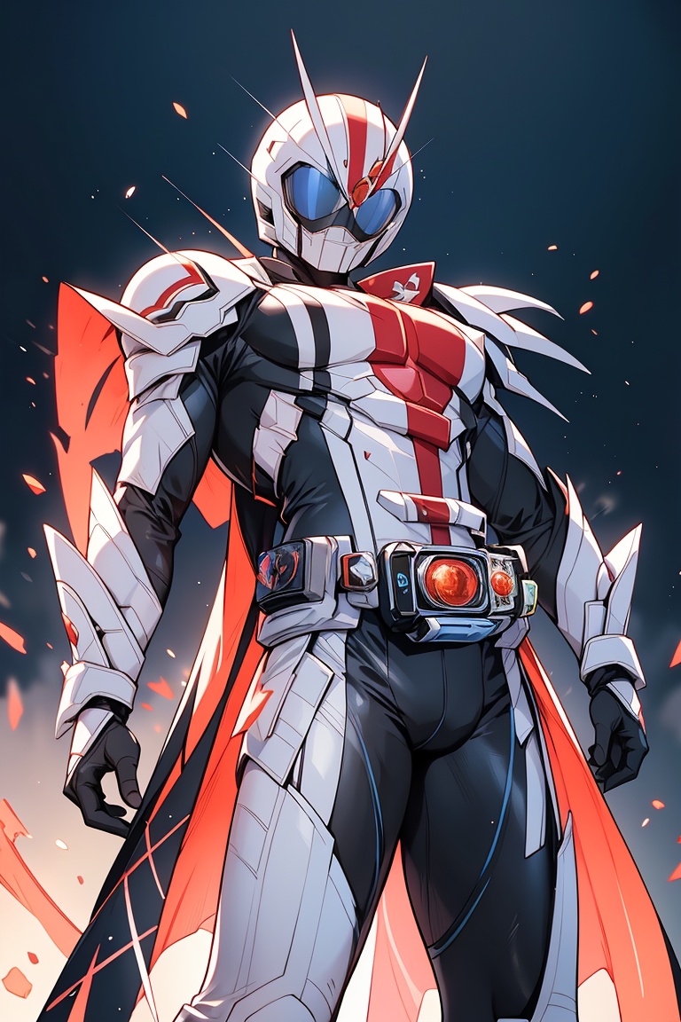 Kamen Rider stands solo in a radiant white aura,  exuding perfection as he strikes a powerful pose (1.3) showcasing flawle...