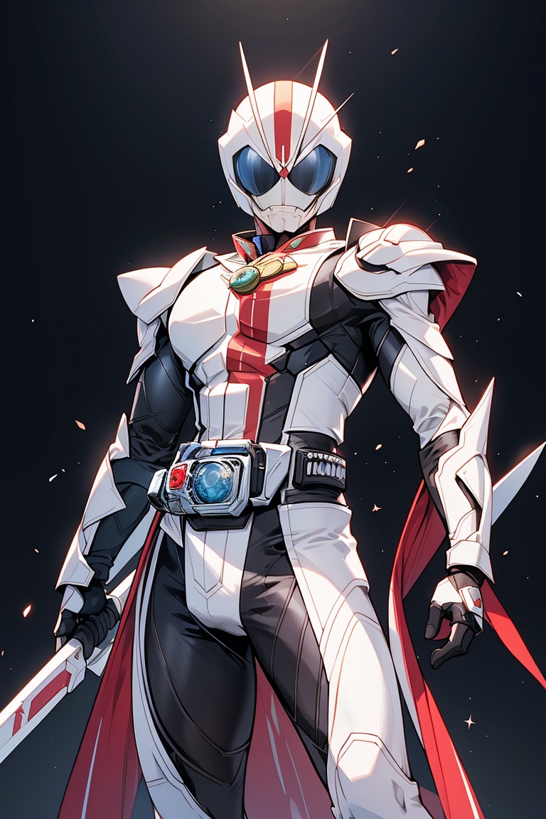 Kamen Rider stands solo in a radiant white aura,  exuding perfection as he strikes a powerful pose (1.3) showcasing flawle...