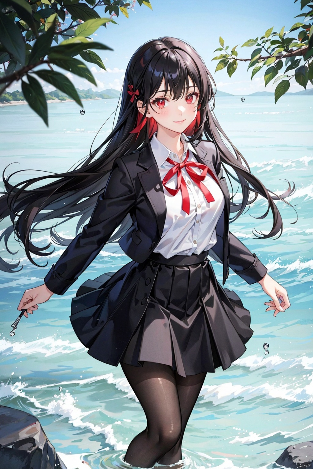 , 1girl, solo, skirt, pantyhose, long hair, black hair, outdoors, smile, ribbon, red ribbon, looking at viewer, red eyes, pleated skirt, neck ribbon, shirt, black pantyhose, school uniform, black skirt, bangs, long sleeves, black jacket, jacket, blush, white shirt, standing, leaf, closed mouth, water, tree, black nails, collared shirt, breasts, wading, sky, day, water drop, feet out of frame, nail polish, clothes lift, skirt hold, medium breasts, lifted by self