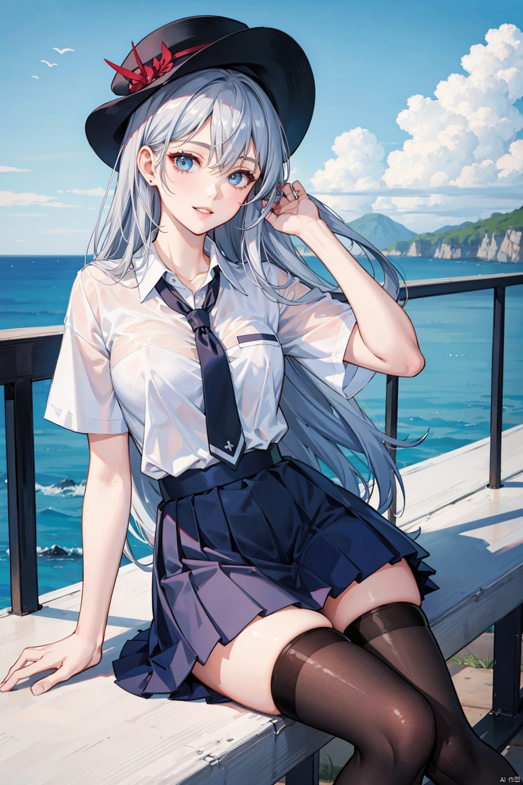 1 girl, souryou asuka langley, solo, thighhighs blue eyes, long hair, dress, silver hair, tie, shirt, sitting, looking at the audience, white shirt, chest, black thighhigh black dress, short sleeves, bangs, red tie, hair between eyes, sky, ultra short skirt, collar shirt, Zetai Liangmu daytime, smile, parted lips, blue sky, thighs, pleated skirt, medium chest, outdoor, headwear, side up, mechanical arm