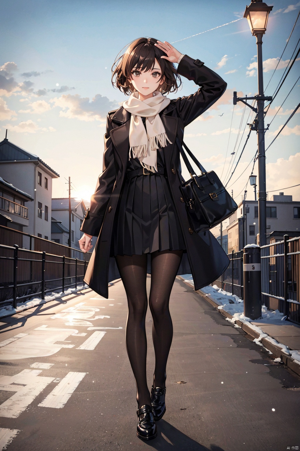 , 1girl, solo, scarf, bag, skirt, sky, outdoors, coat, short hair, lamppost, cloud, pantyhose, arm up, power lines, utility pole, pleated skirt, sunset, long sleeves, standing, holding bag, lens flare, scenery, holding, waving, white scarf, sunrise, black skirt, black hair, sun, black pantyhose, bangs, brown eyes, black coat, building, breath, feet out of frame, tree, closed mouth, looking at viewer, black eyes, winter clothes, brown hair, cloudy sky, star \(sky\)