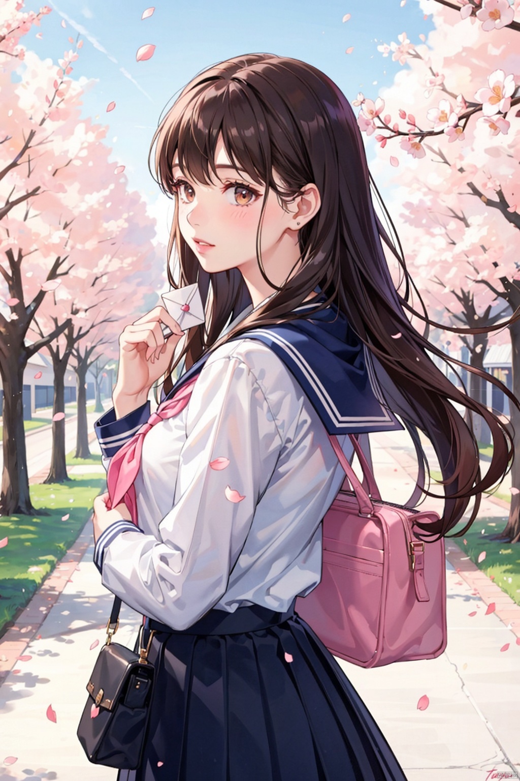 , 1girl, solo, skirt, school uniform, brown hair, pleated skirt, holding, serafuku, white shirt, blue skirt, shirt, bag, sailor collar, blush, long sleeves, cherry blossoms, blurry, long hair, love letter, branch, blue sailor collar, depth of field, signature, bangs, petals, envelope, school bag, outdoors, brown eyes, neckerchief, blurry background, day, hands up, letter, holding envelope, looking at viewer, profile, blurry foreground, standing, flower, pink flower, parted lips, red neckerchief, from side, spring \(season\), looking back