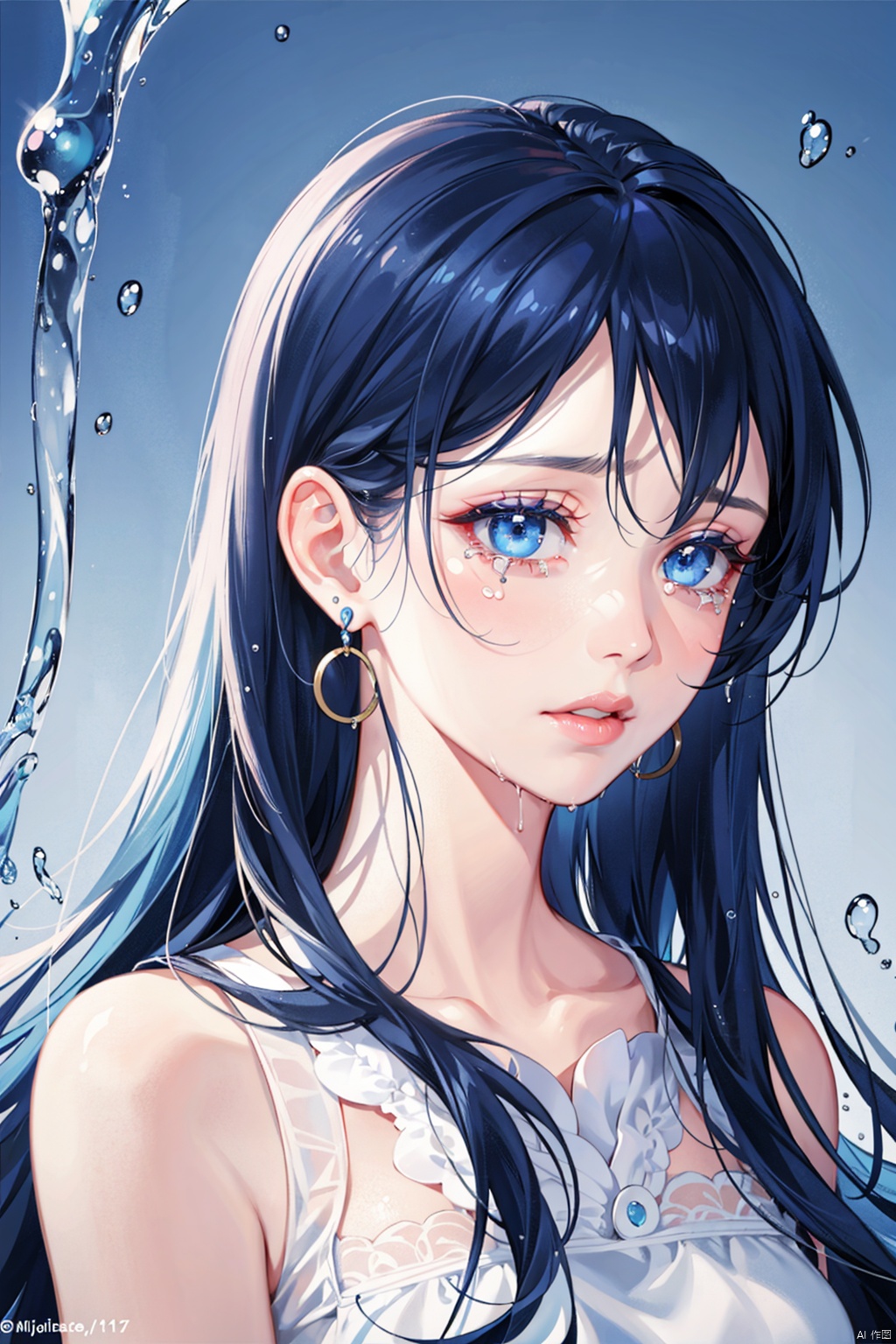 , 1girl, solo, rain, wet hair, parted lips, blue eyes, wet, blue hair, bangs, profile, lips, long hair, from side, tears, crying, portrait, crying with eyes open, nose, eyelashes, water drop, messy hair, earrings, blue background, jewelry, looking away