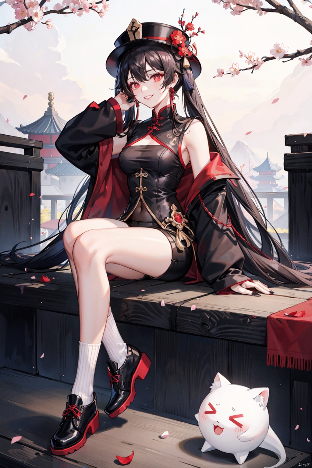 , 1girl, hu tao \(genshin impact\), socks, red eyes, hat, flower, long hair, stairs, solo, white socks, smile, looking at viewer, sitting, long sleeves, ring, red flower, shorts, twintails, very long hair, jewelry, grin, ghost, symbol-shaped pupils, plum blossoms, black headwear, shoes, black shorts, multiple rings, boo tao \(genshin impact\), bangs, black footwear, black nails, shirt, hair between eyes, flower-shaped pupils, full body, sitting on stairs, black hair, brown hair, chinese clothes, nail polish, outdoors, tassel, thighs, porkpie hat, coat, hat flower, kneehighs, sleeves past wrists, red shirt, short shorts
