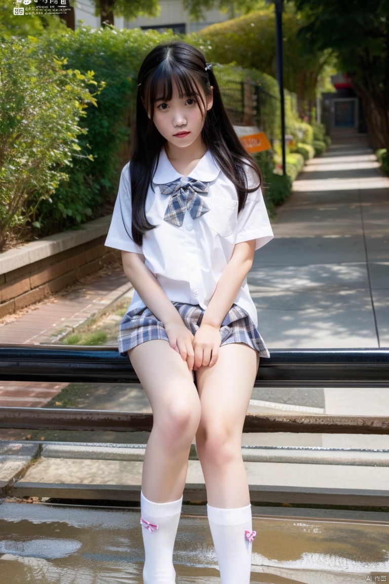  1girl, solo, long hair,socks, skirt/(jkfangxue2/),skirt,full body, white socks,standing,spread legs, plaid, school uniform,shoes,black footwear,white shirt, outdoors, through clothes, short sleeves, fingering through clothes,striped bow, frilled socks, bare legs, thighs,