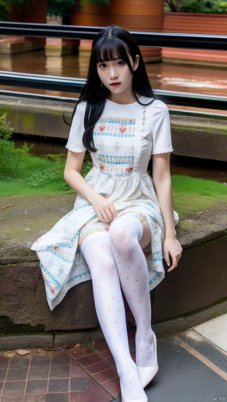  1girl,solo, black hair,long hair, red lips,dress, thighhighs,shoes,sitting,bangs, white dress, short sleeves, looking at viewer, outdoors,print legwear, print heart thighhighs, full body, blunt bangs, lace-trimmed legwear,