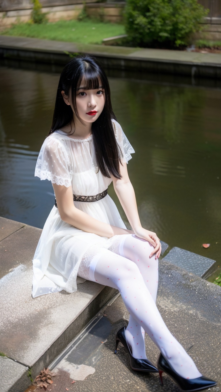  1girl,solo, black hair,long hair, red lips,dress, thighhighs,shoes,sitting,bangs, white dress, short sleeves, looking at viewer, black footwear,outdoors,print legwear, print thighhighs, full body, blunt bangs, lace-trimmed legwear,