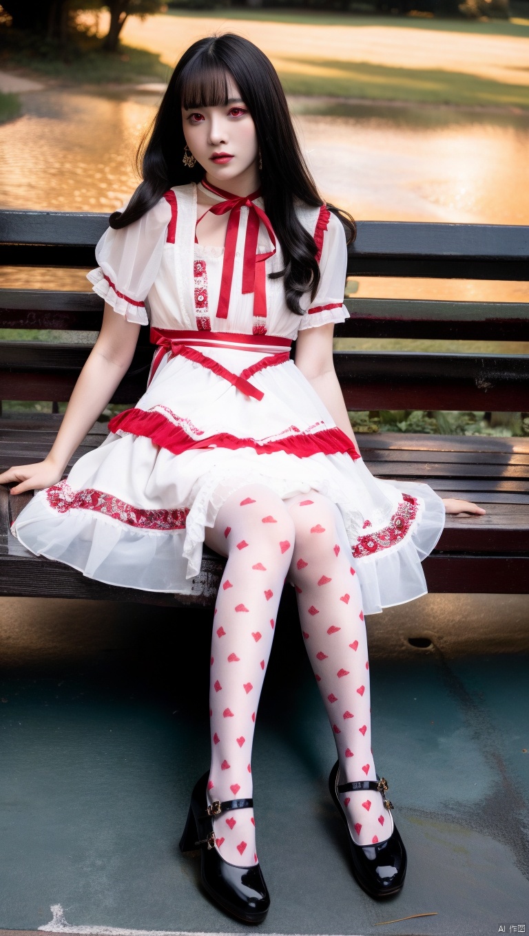  1girl,solo, black hair,long hair, red eyes,red lips,dress, thighhighs,shoes,sitting,bangs, white dress, short sleeves, looking at viewer, black footwear,outdoors,white thighhighs \(heart\), choker, jewelry, lolita fashion, frills,full body, blunt bangs, print legwear, earrings,bench, lace, red ribbon, ribbon, loaded interior, puffy short sleeves, lace-trimmed legwear, puffy sleeves, collarbone, breasts,frilled dress, mary janes,lace-trimmed dress, neck ribbon,footwear bow, print dress, high heels,