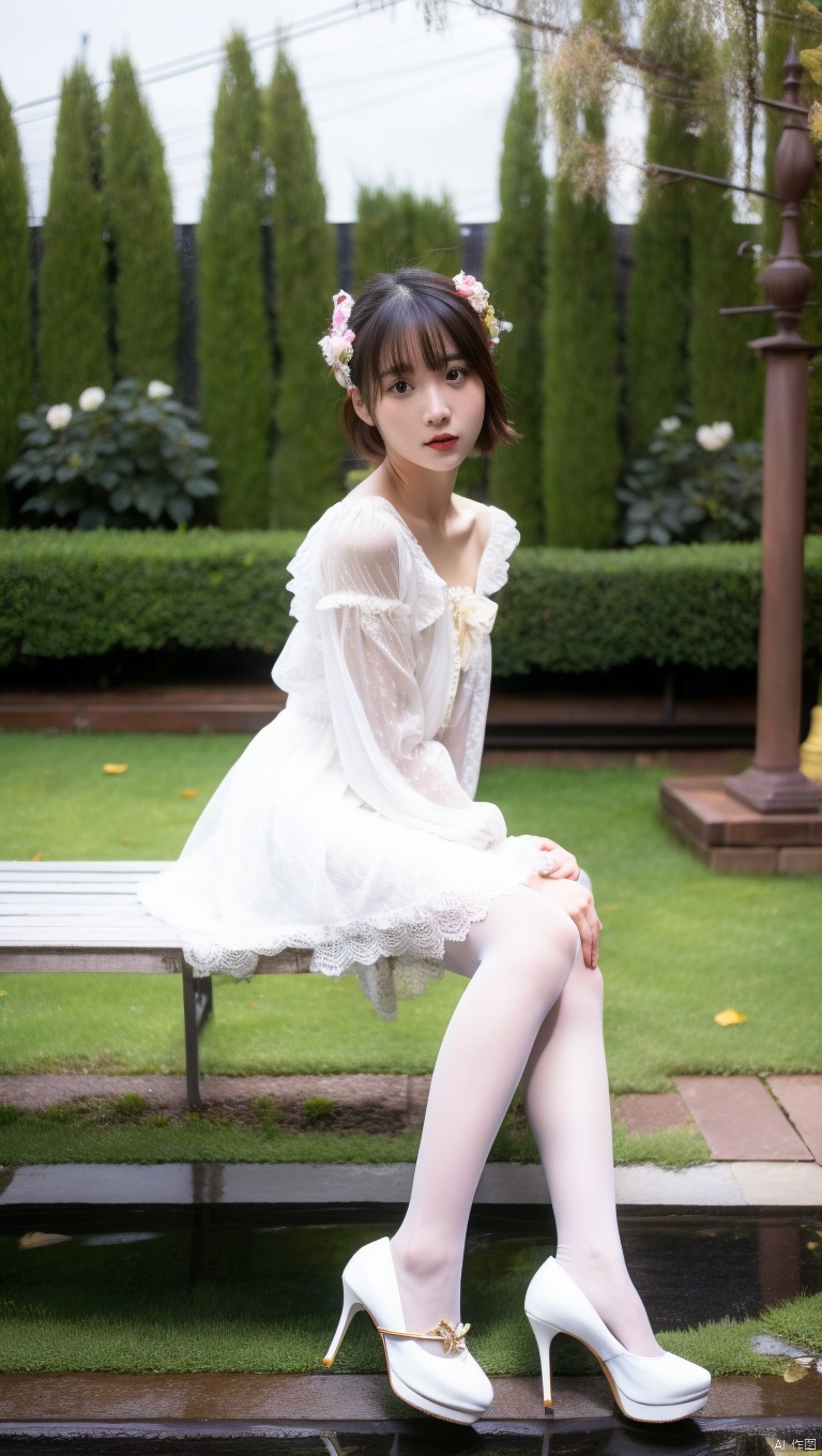  1girl, solo, pantyshot,dress,sitting, pantyhose, long hair, platform footwear, brown hair, shoes, full body, lolita fashion,white footwear, outdoors, natural skin pantyhose, frills,bangs,see-through, long sleeves,deep in the garden,night,looking_at_viewer,short hair, collarbone,breasts,sharply limbs,sitting on bench,platform-heel shoes, ribbon,from side