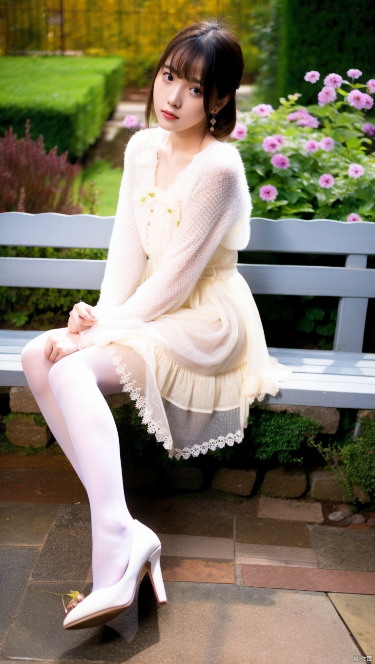  1girl, solo, pantyshot,dress,sitting, pantyhose, long hair, platform footwear, brown hair, shoes, full body, lolita fashion,white footwear, outdoors, natural skin pantyhose, frills,bangs,see-through, long sleeves,deep in the garden,night,looking_at_viewer,short hair, collarbone,breasts,sharply limbs,sitting on bench,platform-heel shoes, ribbon,from side