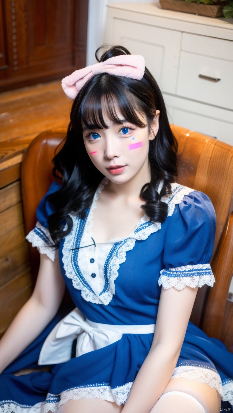  1girl, long wavy hair, blue eyes, thighhighs, looking at viewer, white thighhighs, sitting, bow, , dress, cherry, hair bow, blush, food, lips, apron, indoors, bangs, short sleevesblue dress, parted lips, facial mark, short hair, lace, smile, frills,holding, flower,skirt, , puffy short sleeves, ribbon, lace trim