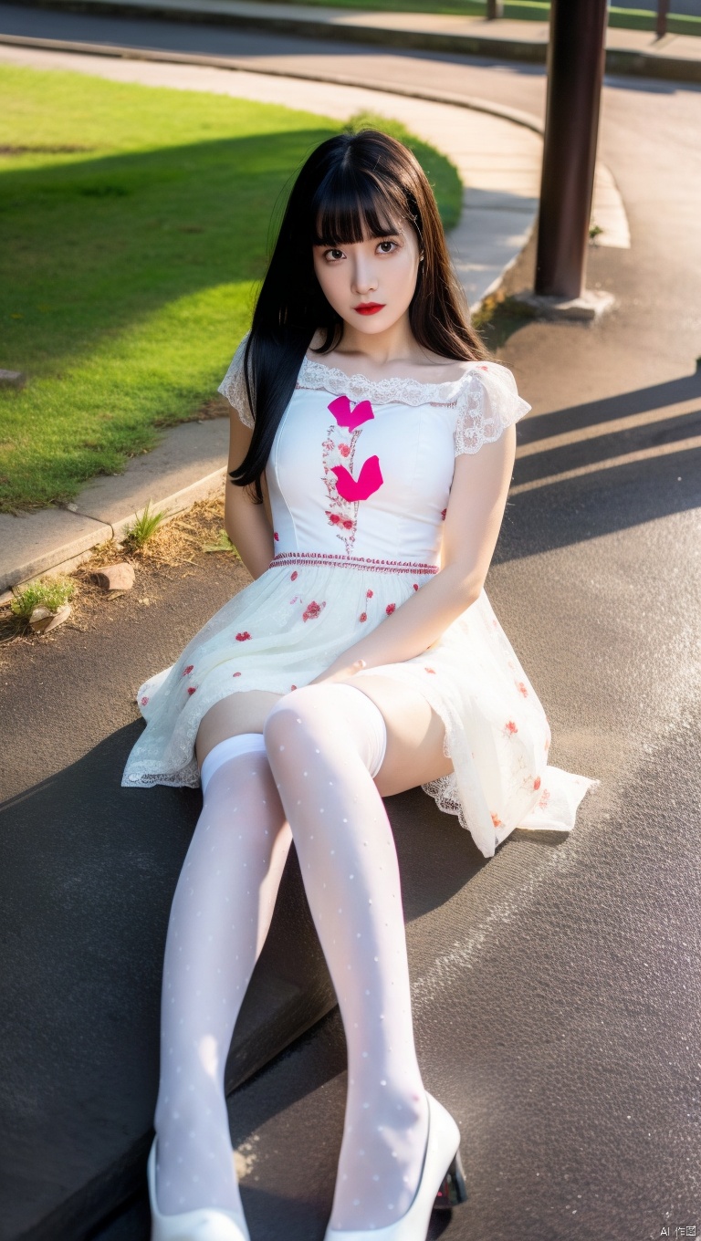  1girl,solo, black hair,long hair, red lips,dress, thighhighs,shoes,sitting,bangs, white dress, short sleeves, looking at viewer, outdoors,print legwear, print heart thighhighs, full body, blunt bangs, lace-trimmed legwear,