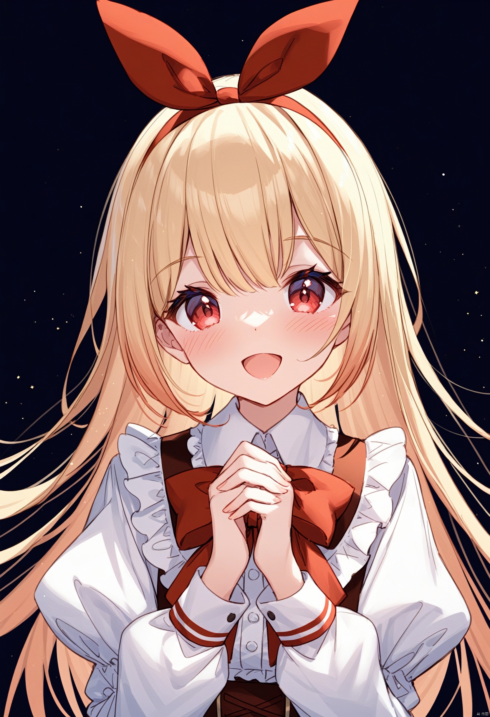 1girl, solo, blonde hair, red eyes, long hair, looking at viewer, smile, long sleeves, open mouth, upper body, black background, bangs, blush, hairband, :d, own hands together, puffy sleeves, frills, bow, ribbon, white shirt, shirt, hands up, 
BREAK, 
fine fabric emphasis, best quality,amazing quality,very aesthetic,absurdres,masterpiece,best quality,amazing quality,very aesthetic,absurdres,