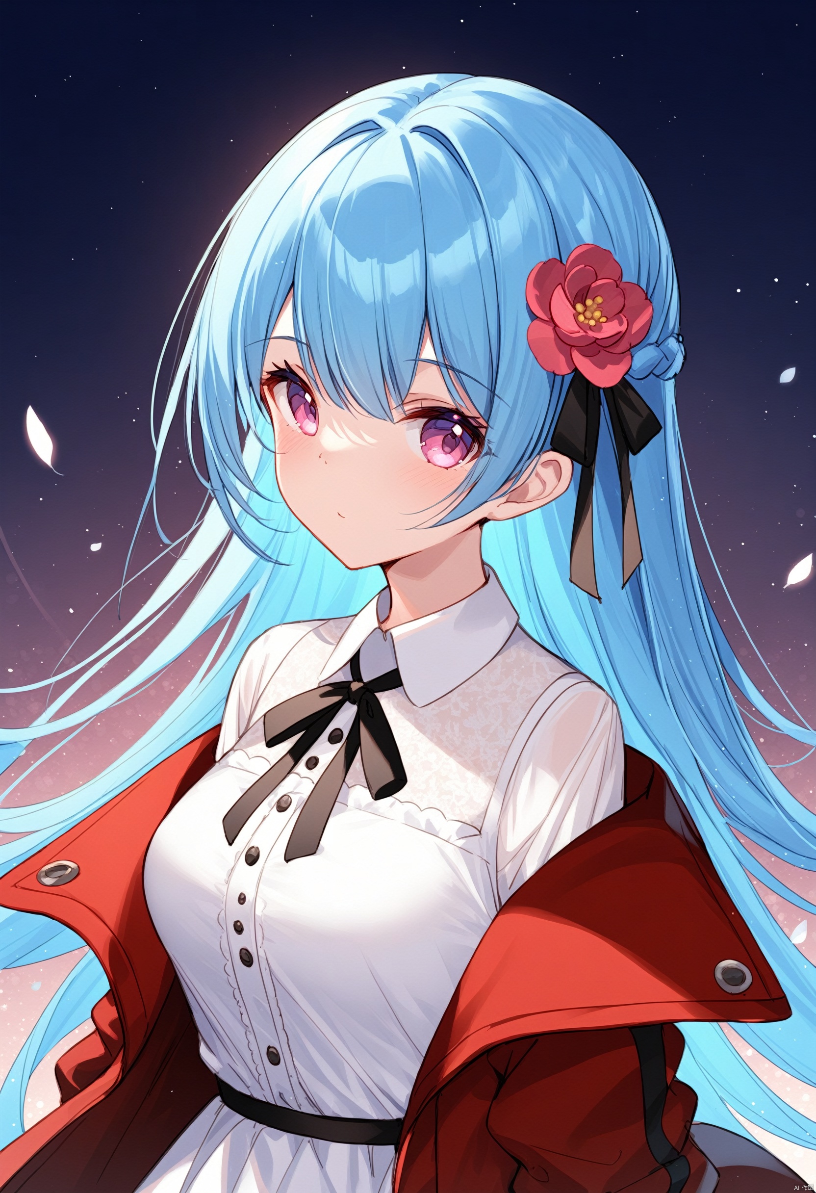 1girl, solo, long hair, ribbon, red jacket, looking at viewer, hair ornament, blue hair, bangs, jacket, closed mouth, pink eyes, upper body, breasts, hair ribbon, black ribbon, off shoulder, shirt, flower, hair flower, open jacket, open clothes, dress, white dress, white shirt, medium breasts, neck ribbon, 
BREAK, 
fine fabric emphasis, best quality,amazing quality,very aesthetic,absurdres,masterpiece,best quality,amazing quality,very aesthetic,absurdres,