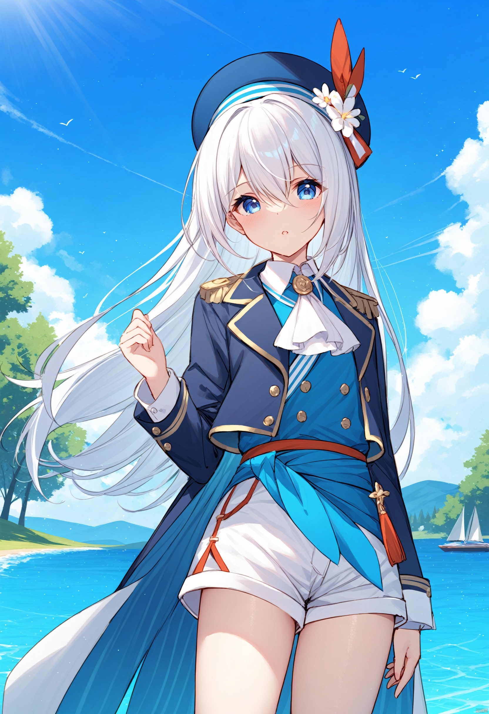 outdoors, blue eyes, looking at viewer, 1girl, hat, flower, shorts, blue headwear, long hair, white shorts, tree, white hair, day, sky, hair between eyes, solo focus, shirt, long sleeves, bangs, cowboy shot, ascot, water, white flower, standing, blue sky, jacket, jewelry, solo, short shorts, sash, 
BREAK, 
fine fabric emphasis, best quality,amazing quality,very aesthetic,absurdres,masterpiece,best quality,amazing quality,very aesthetic,absurdres,