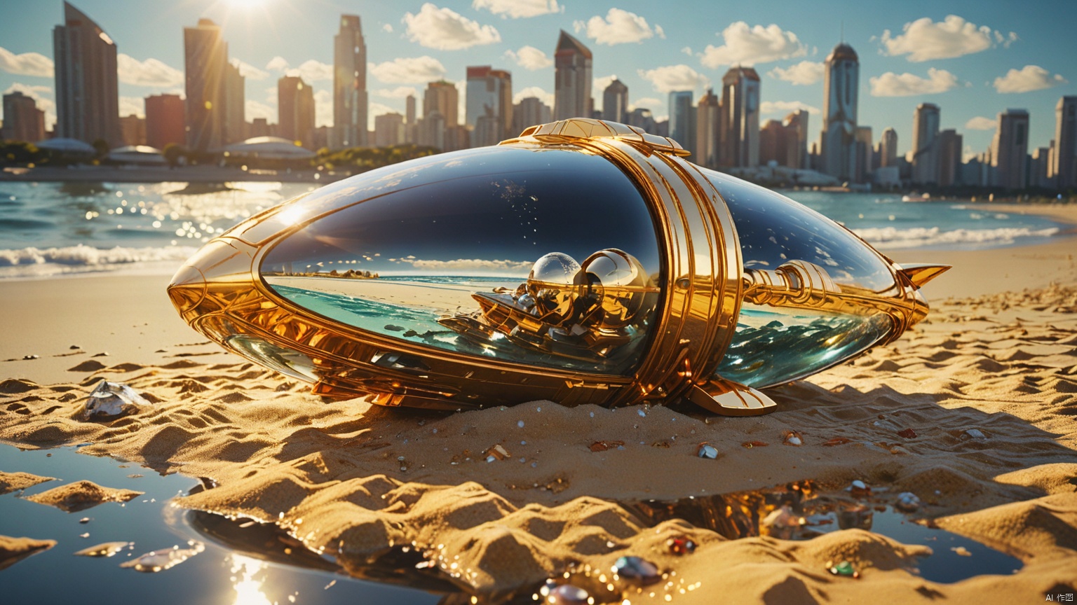 Spacecraft,
Beach,
City,
Adequate sunlight,
The surface of gold and gemstone materials is smooth and reflective without any text,