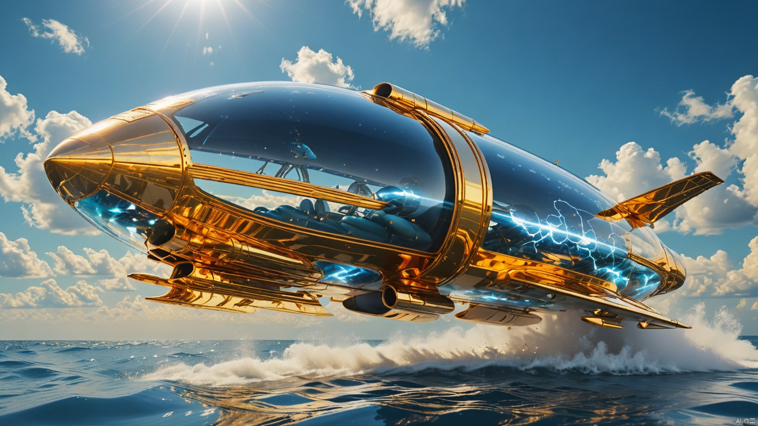 Beach,
Adequate sunlight,
A fast flying spacecraft,
Blue lightning spewed out from behind the aircraft,
Gold materials,
Transparent and semi transparent cockpit,
Technology seats,