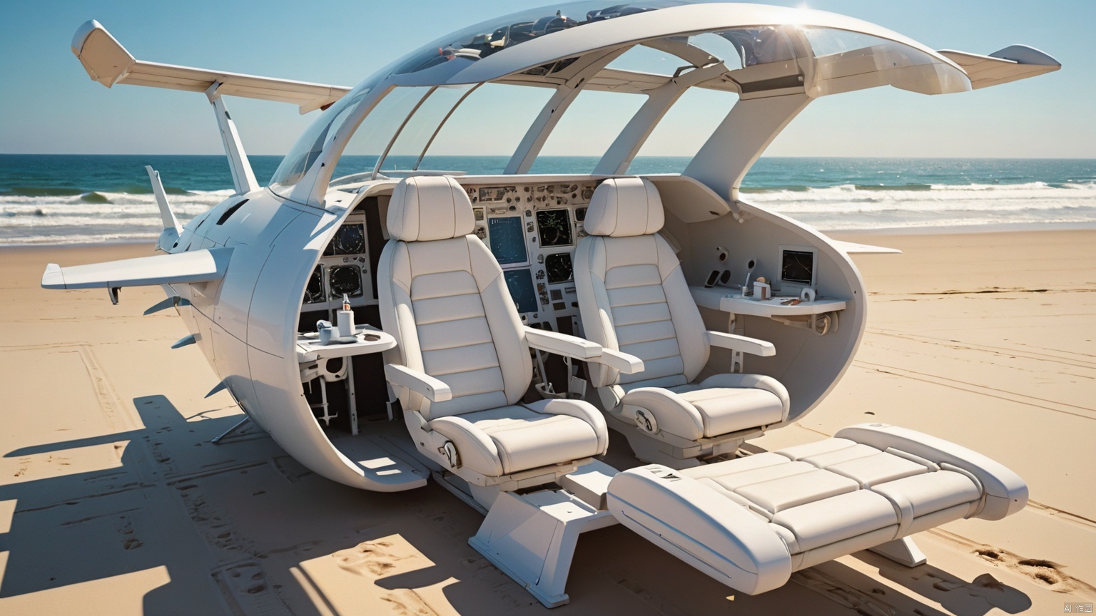 Beach,
Adequate sunlight,
A fast flying spacecraft,
Transparent and semi transparent cockpit,
White aviation seats,