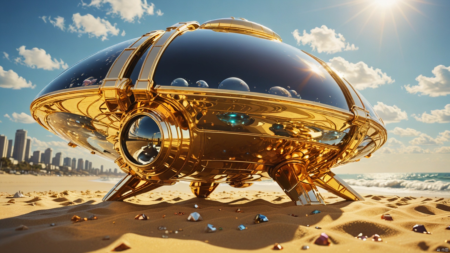  Spacecraft,
Beach,
City,
Adequate sunlight,
The surface of gold and gemstone materials is smooth and reflective without any text,