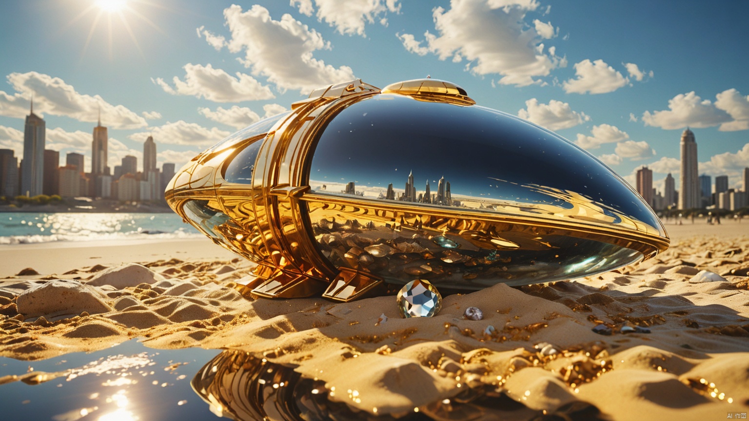  Spacecraft,
Beach,
City,
Adequate sunlight,
The surface of gold and gemstone materials is smooth and reflective without any text,