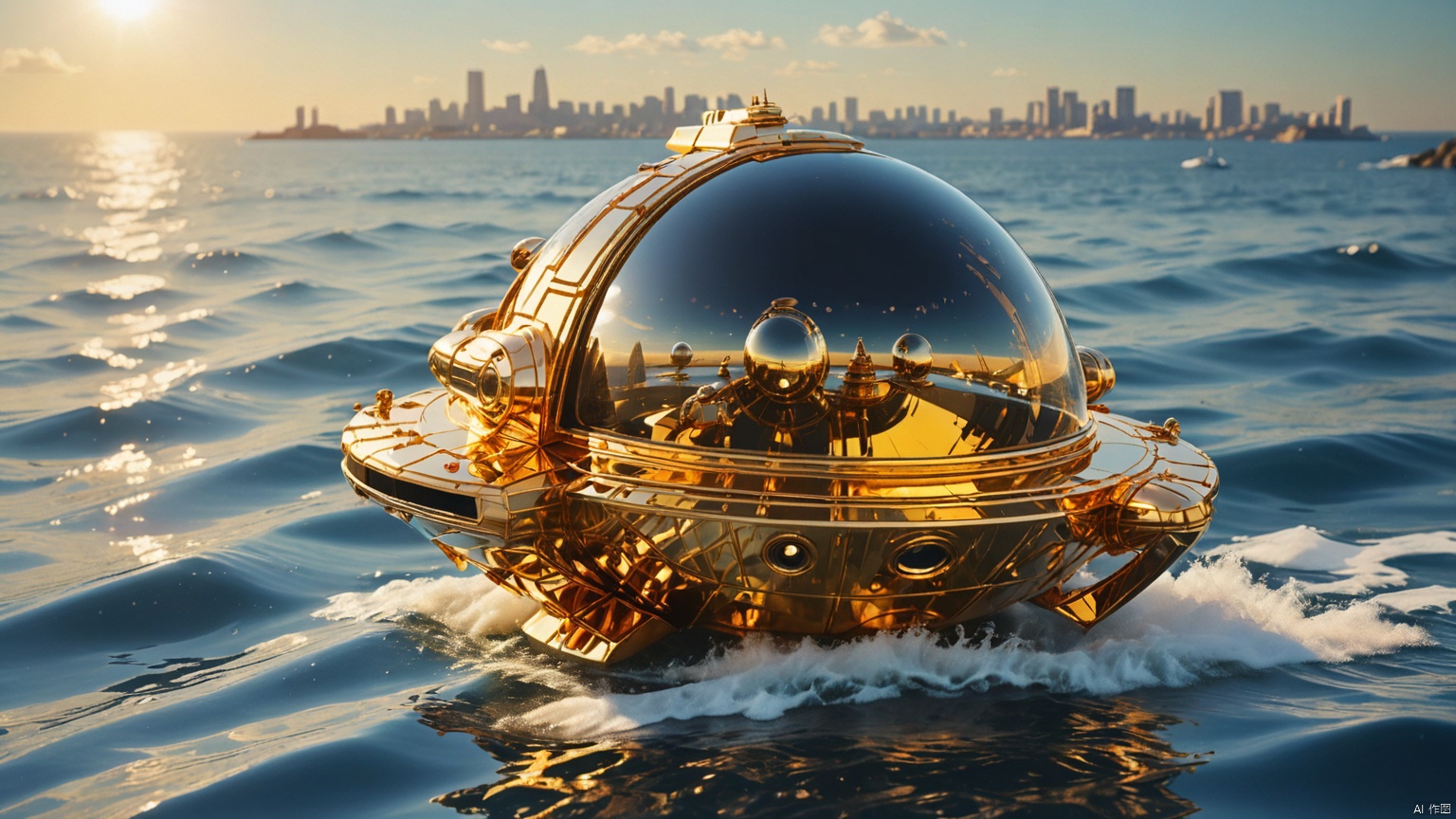  Spacecraft,
sea,
City,
Adequate sunlight,
The surface of gold and gemstone materials is smooth and reflective without any text,