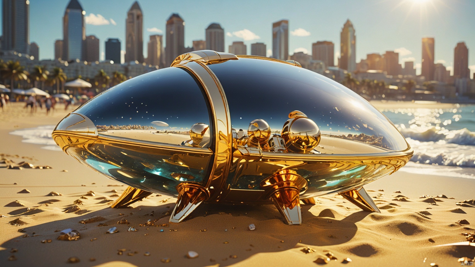 Spacecraft,
Beach,
City,
Adequate sunlight,
The surface of gold and gemstone materials is smooth and reflective without any text,