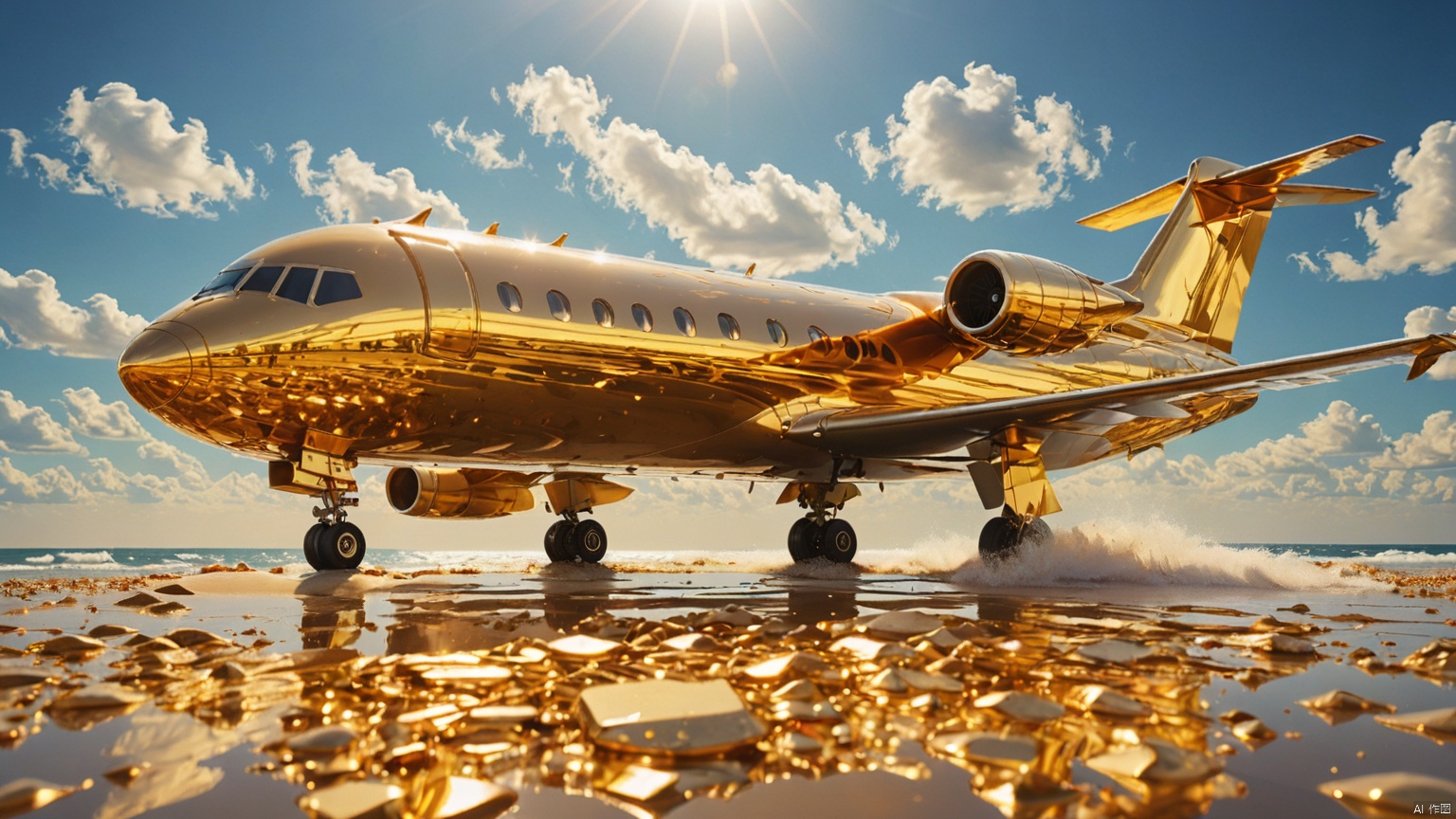 Aircraft,
Beach,
City,
Adequate sunlight,
The surface of gold and gemstone materials is smooth and reflective without any text,