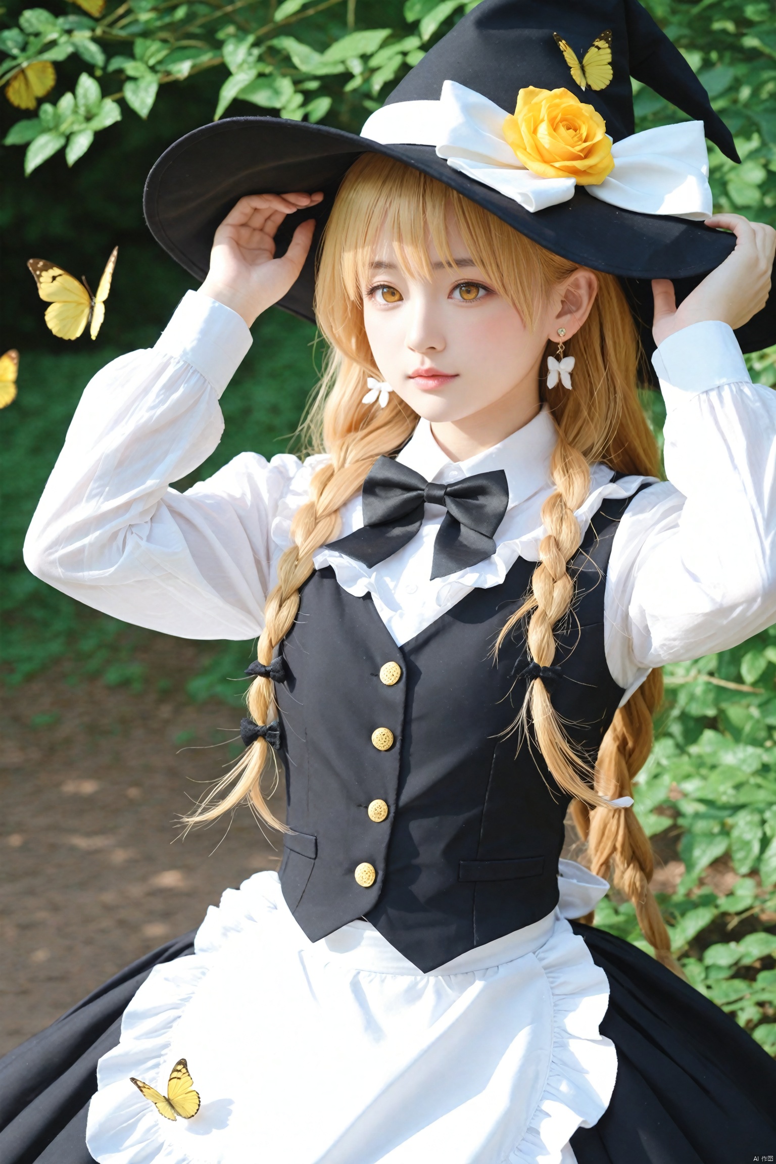  masterpiece,Realism,best quality,loli,1girl, hat, kirisame marisa, blonde hair, solo, yellow eyes, bug, witch hat, butterfly, long hair, braid, bow, flower, apron, black headwear, single braid, long sleeves, earrings, hair ornament, jewelry, white bow, hair flower, shirt, white shirt, closed mouth, hair between eyes, black bow, waist apron, white apron, hat bow, black skirt, white flower, blush, bowtie, skirt, black bowtie, looking at viewer, hair bow, rose, black vest, vest, frills, signature, buttons, hand on headwear, upper body, frilled apron, white rose, arms up, cowboy shot, yellow butterfly, arm up, hands up, artist name, side braid, ribbon