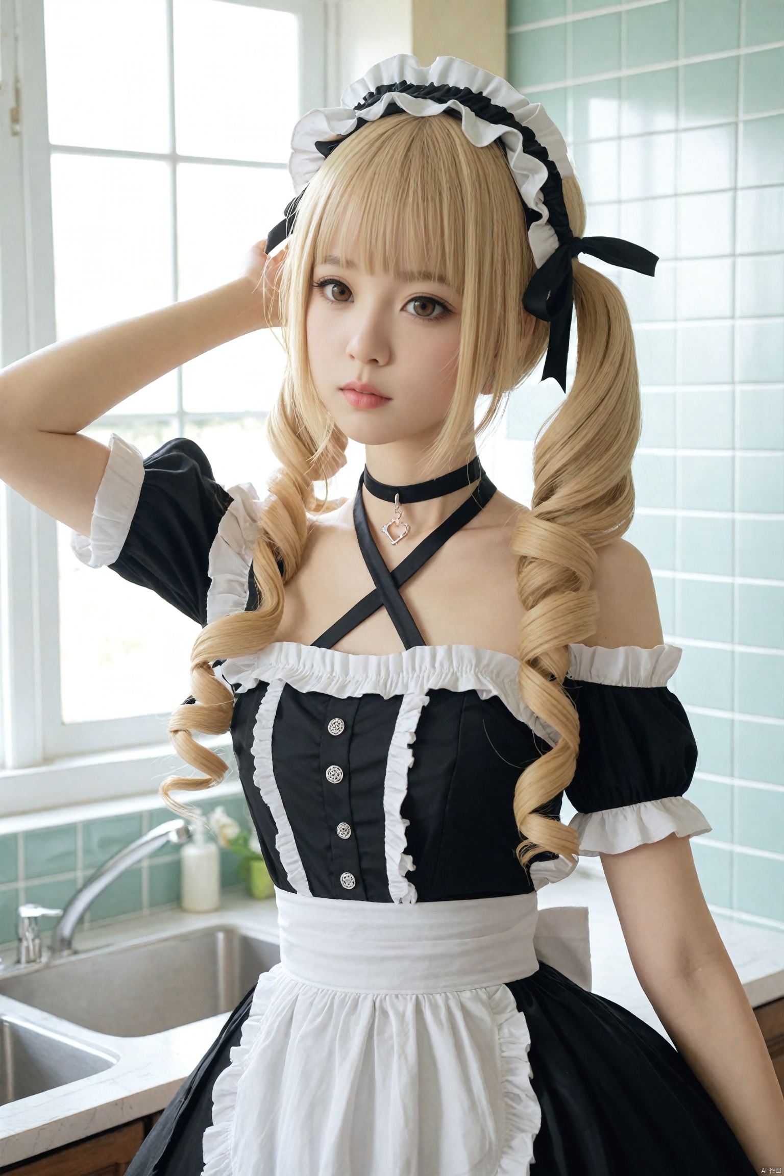  masterpiece,Realism,best quality,loli,1girl,solo,blonde hair,realistic,indoors,drill hair,kitchen,frills,hair ornament,black dress,dress,bare shoulders,x hair ornament,apron,blurry,hairband,sink,looking at viewer,detached sleeves,maid headdress,maid,halterneck,lolita hairband,hairclip,twintails,blunt bangs,brown eyes,gothic lolita,twin drills,ribbon,black ribbon,window,marie rose,photorealistic,bathroom,choker,lolita fashion,blurry background,arm up,collarbone,hair ribbon,lips,white apron,closed mouth,scrunchie,long hair,tiles,upper body,frilled dress,criss-cross halter,frilled sleeves,tile wall,frilled hairband,short sleeves,depth of field,nail polish,medium hair,
