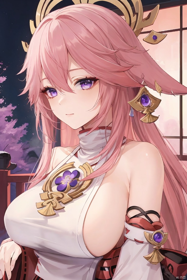  masterpiece, yae miko, 1girl, solo, breasts, pink hair, purple eyes, long hair, looking at viewer, detached sleeves, hair between eyes, bare shoulders, wide sleeves, japanese clothes, large breasts, hair ornament, upper body, bangs, closed mouth