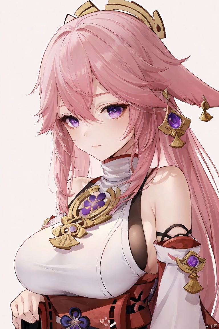  masterpiece, yae miko, 1girl, solo, breasts, pink hair, purple eyes, long hair, looking at viewer, detached sleeves, hair between eyes, bare shoulders, wide sleeves, japanese clothes, large breasts, hair ornament, upper body, bangs, closed mouth