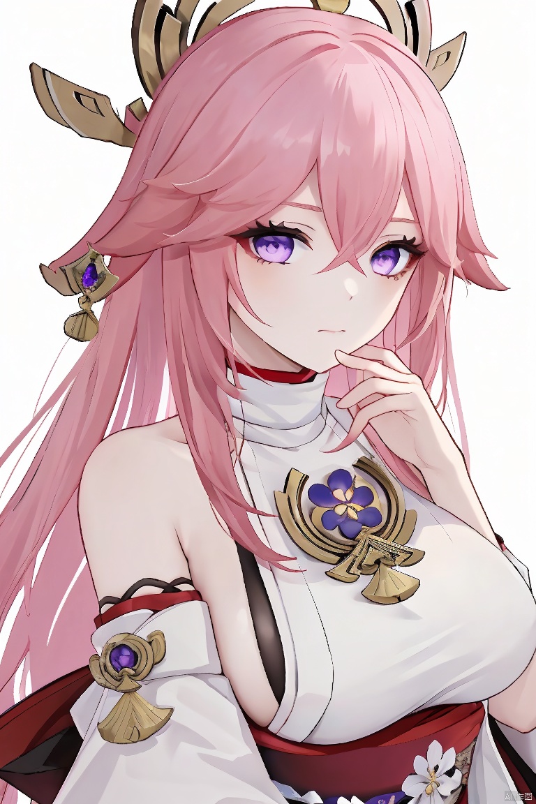  masterpiece, yae miko, 1girl, solo, breasts, pink hair, purple eyes, long hair, looking at viewer, detached sleeves, hair between eyes, bare shoulders, wide sleeves, japanese clothes, large breasts, hair ornament, upper body, bangs, closed mouth
