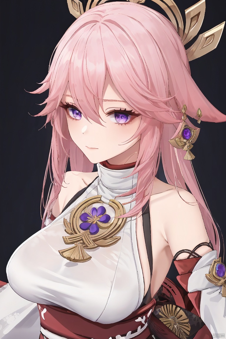  masterpiece, yae miko, 1girl, solo, breasts, pink hair, purple eyes, long hair, looking at viewer, detached sleeves, hair between eyes, bare shoulders, wide sleeves, japanese clothes, large breasts, hair ornament, upper body, bangs, closed mouth