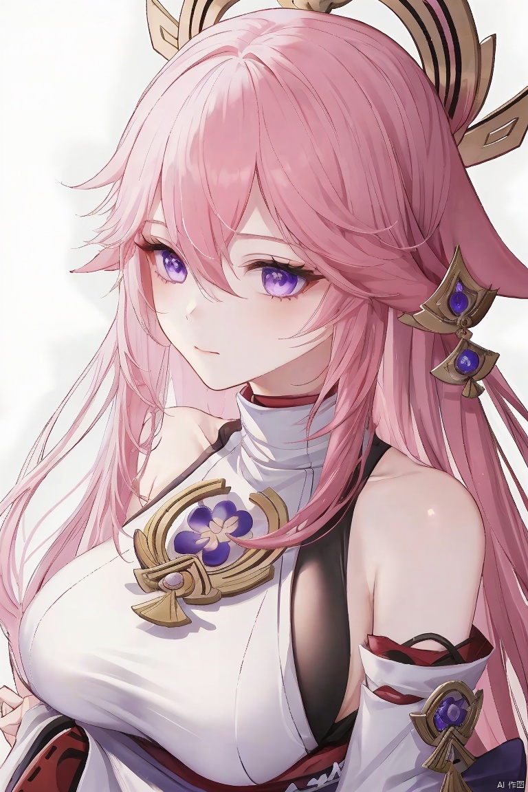  masterpiece, yae miko, 1girl, solo, breasts, pink hair, purple eyes, long hair, looking at viewer, detached sleeves, hair between eyes, bare shoulders, wide sleeves, japanese clothes, large breasts, hair ornament, upper body, bangs, closed mouth
