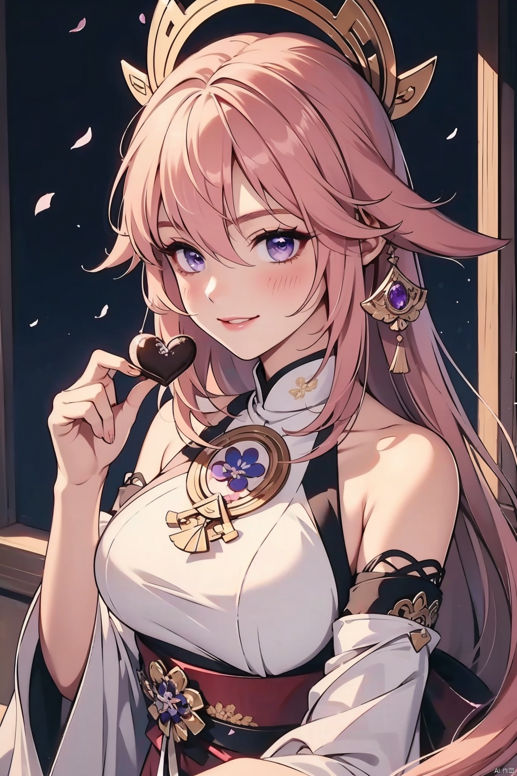 yae miko, 1girl, solo, breasts, purple eyes, smile, heart-shaped chocolate, pink hair, food, looking at viewer, chocolate, candy, long hair, fox ears, large breasts, animal ears, bare shoulders, blush, hair between eyes, heart, upper body, bangs, detached sleeves, holding, japanese clothes, hair ornament, parted lips, wide sleeves, holding food, jewelry, earrings, shirt, long sleeves, petals, flower
