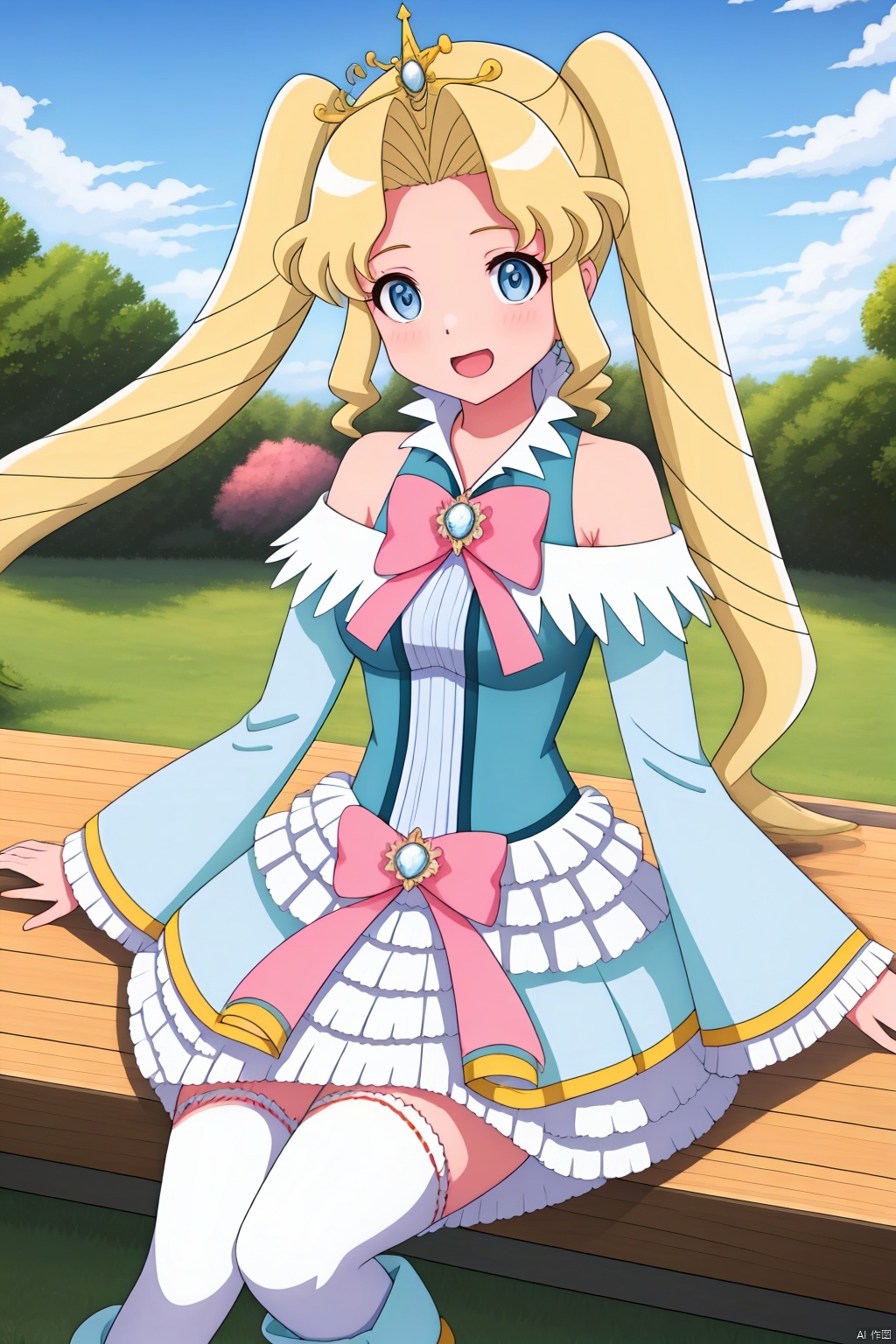 1girl, solo, long hair, looking at viewer, smile, open mouth, bangs, blue eyes, blonde hair, thighhighs, long sleeves, dress, bow, bare shoulders, twintails, sitting, very long hair, :d, outdoors, frills, detached sleeves, sky, day, cloud, white thighhighs, tree, blue sky, parted bangs, hair intakes, frilled dress, tiara, pink bow, brooch, bench
