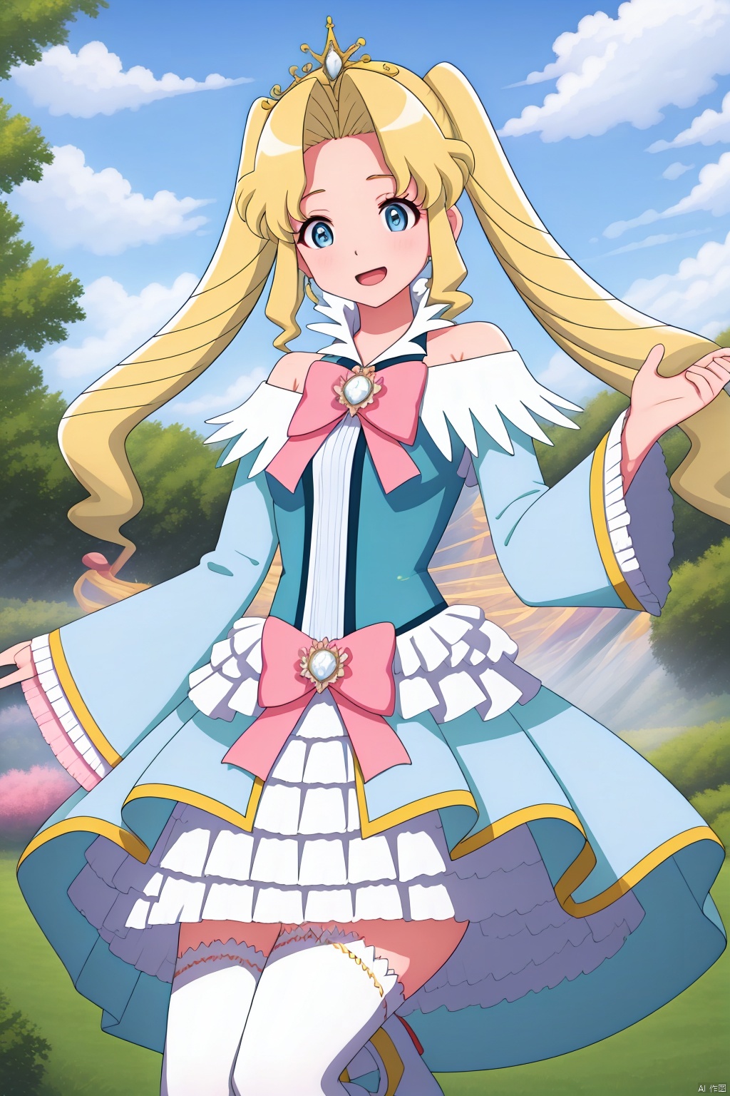 1girl, solo, long hair, looking at viewer, smile, open mouth, bangs, blue eyes, blonde hair, thighhighs, long sleeves, dress, bow, bare shoulders, twintails, sitting, very long hair, :d, outdoors, frills, detached sleeves, sky, day, cloud, white thighhighs, tree, blue sky, parted bangs, hair intakes, frilled dress, tiara, pink bow, brooch, bench