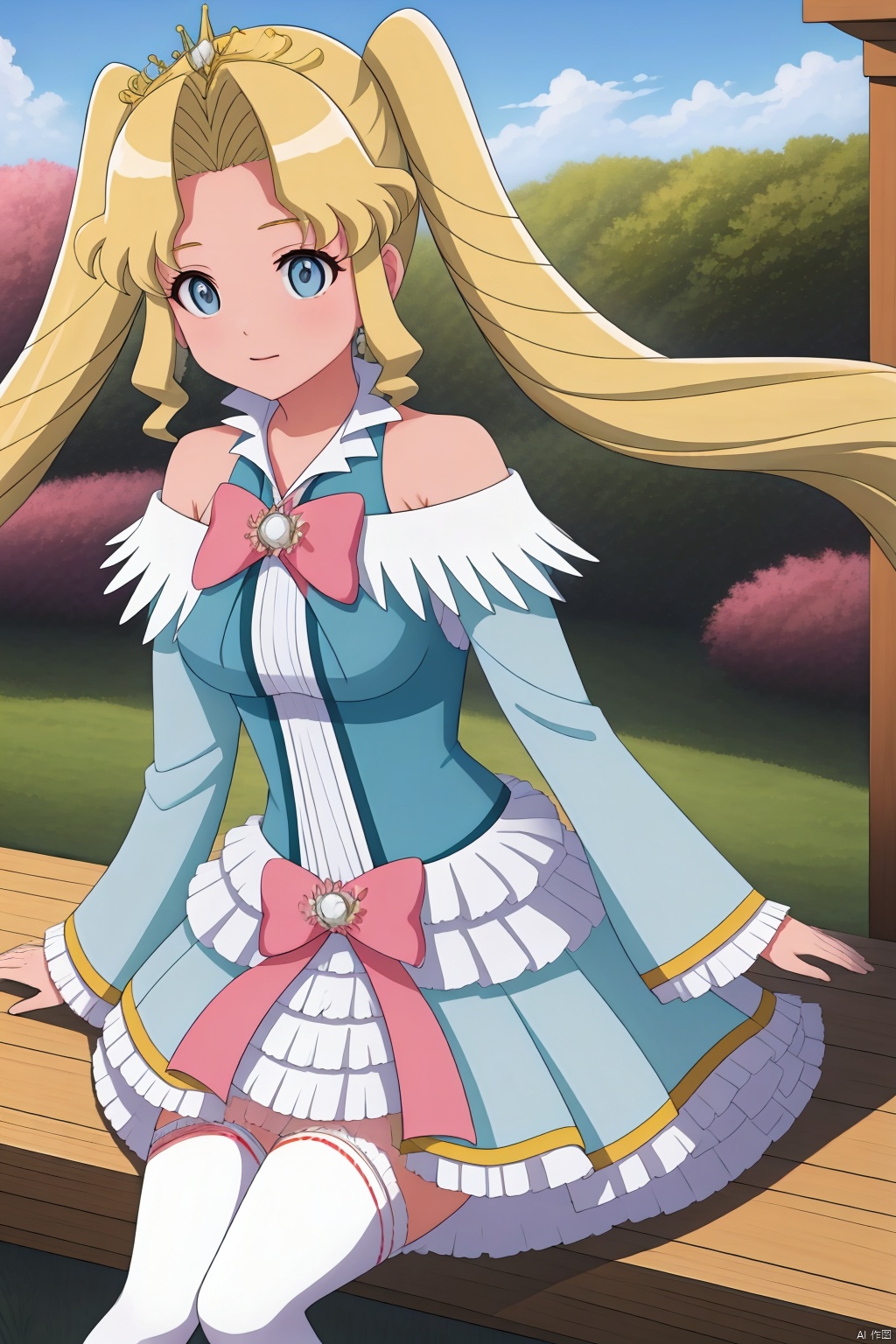 1girl, solo, long hair, looking at viewer, smile, open mouth, bangs, blue eyes, blonde hair, thighhighs, long sleeves, dress, bow, bare shoulders, twintails, sitting, very long hair, :d, outdoors, frills, detached sleeves, sky, day, cloud, white thighhighs, tree, blue sky, parted bangs, hair intakes, frilled dress, tiara, pink bow, brooch, bench