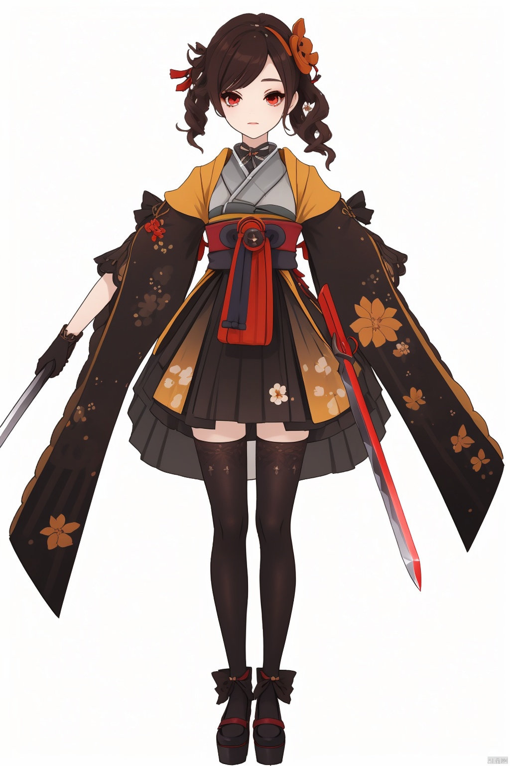 chiori, 1girl, solo, thighhighs, weapon, holding, gloves, sword, brown hair, full body, hair ornament, white background, holding weapon, red eyes, holding instrument, holding sword, japanese clothes, brown thighhighs, brown gloves, standing, black footwear, instrument, wide sleeves, looking at viewer, kimono, bangs, simple background, flower, black thighhighs, skirt, closed mouth, long sleeves, floral print, bow, zettai ryouiki