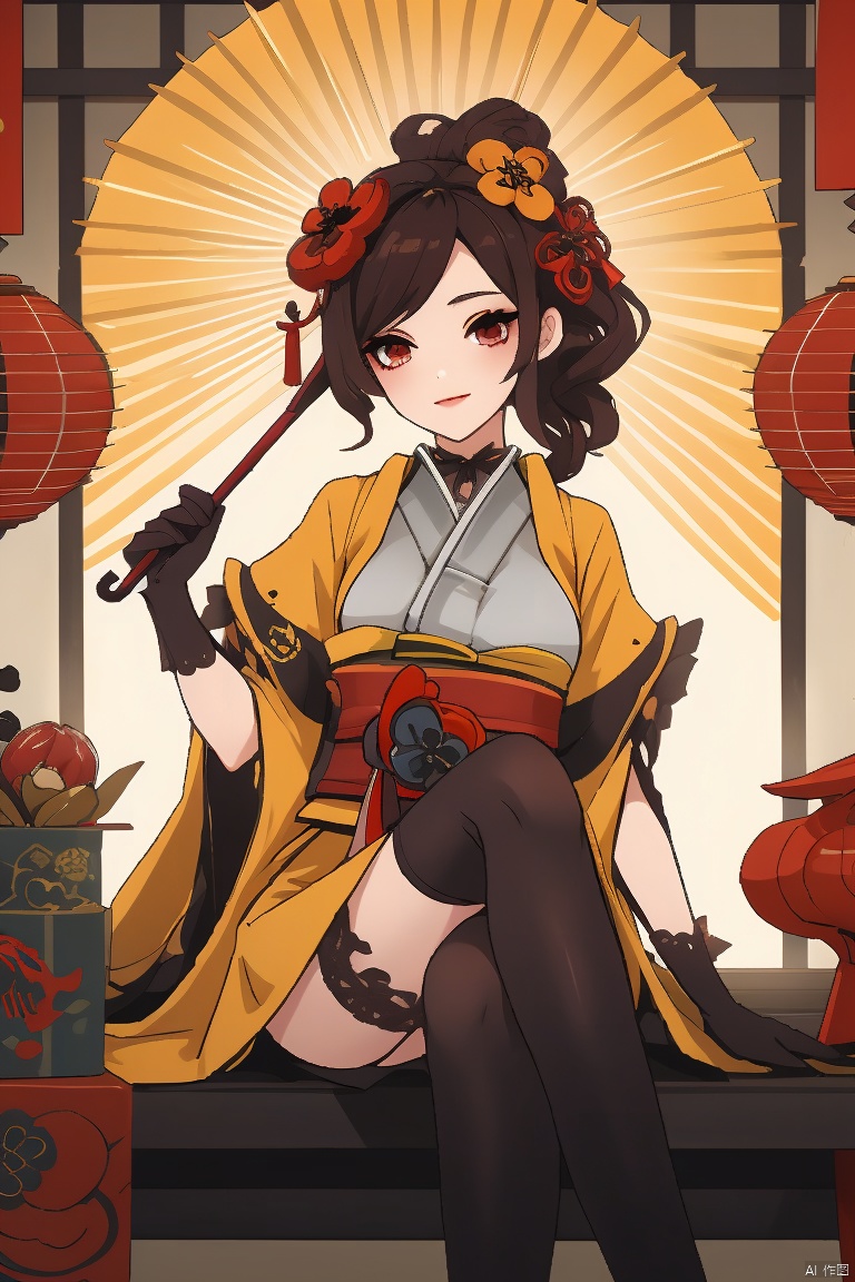 chiori, 1girl, hand fan, daruma doll, gloves, umbrella, thighhighs, maneki-neko, holding, solo, folding fan, japanese clothes, hair ornament, flower, sitting, black gloves, brown hair, kagami mochi, red eyes, looking at viewer, oil-paper umbrella, elbow gloves, holding umbrella, breasts, kimono, holding fan, ema, black thighhighs, hamaya, food, smile, new year
, chiori