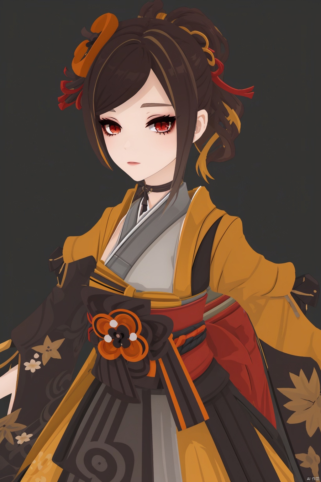 chiori, 1girl, solo, japanese clothes, hair ornament, red eyes, kimono, looking at viewer, flower, simple background, bangs, brown hair, black background, multicolored hair, hair flower, side ponytail, obi, sash