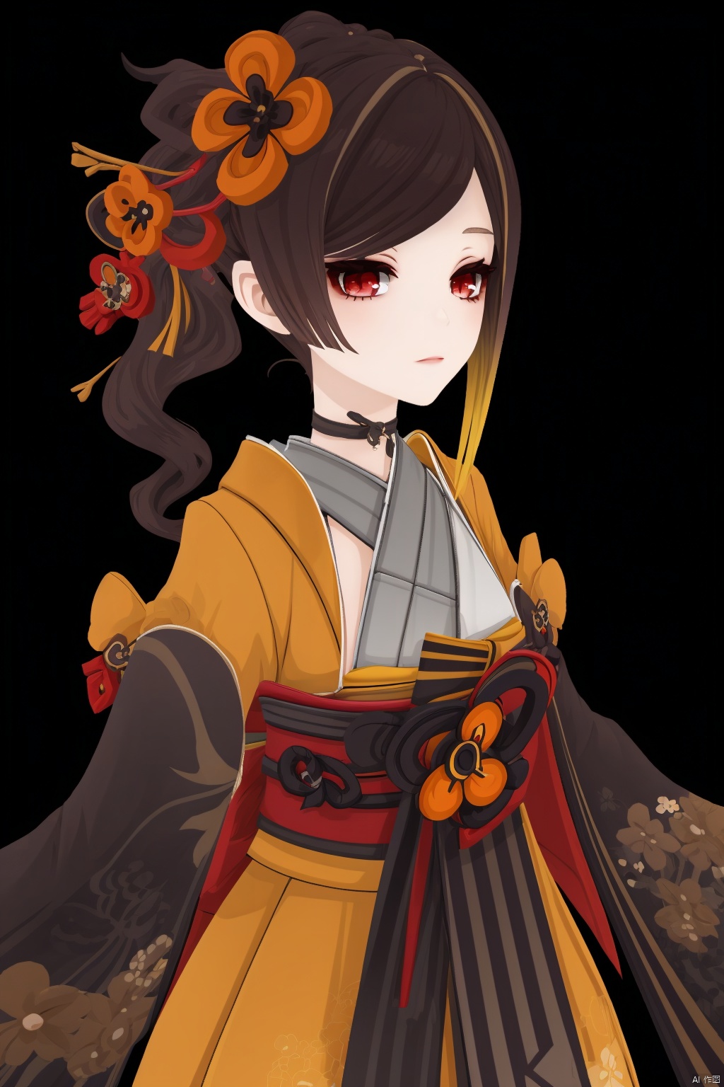 chiori, 1girl, solo, japanese clothes, hair ornament, red eyes, kimono, looking at viewer, flower, simple background, bangs, brown hair, black background, multicolored hair, hair flower, side ponytail, obi, sash